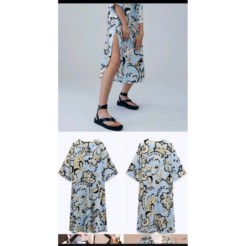 Zara Light Blue Printed Midi Dress Size Small